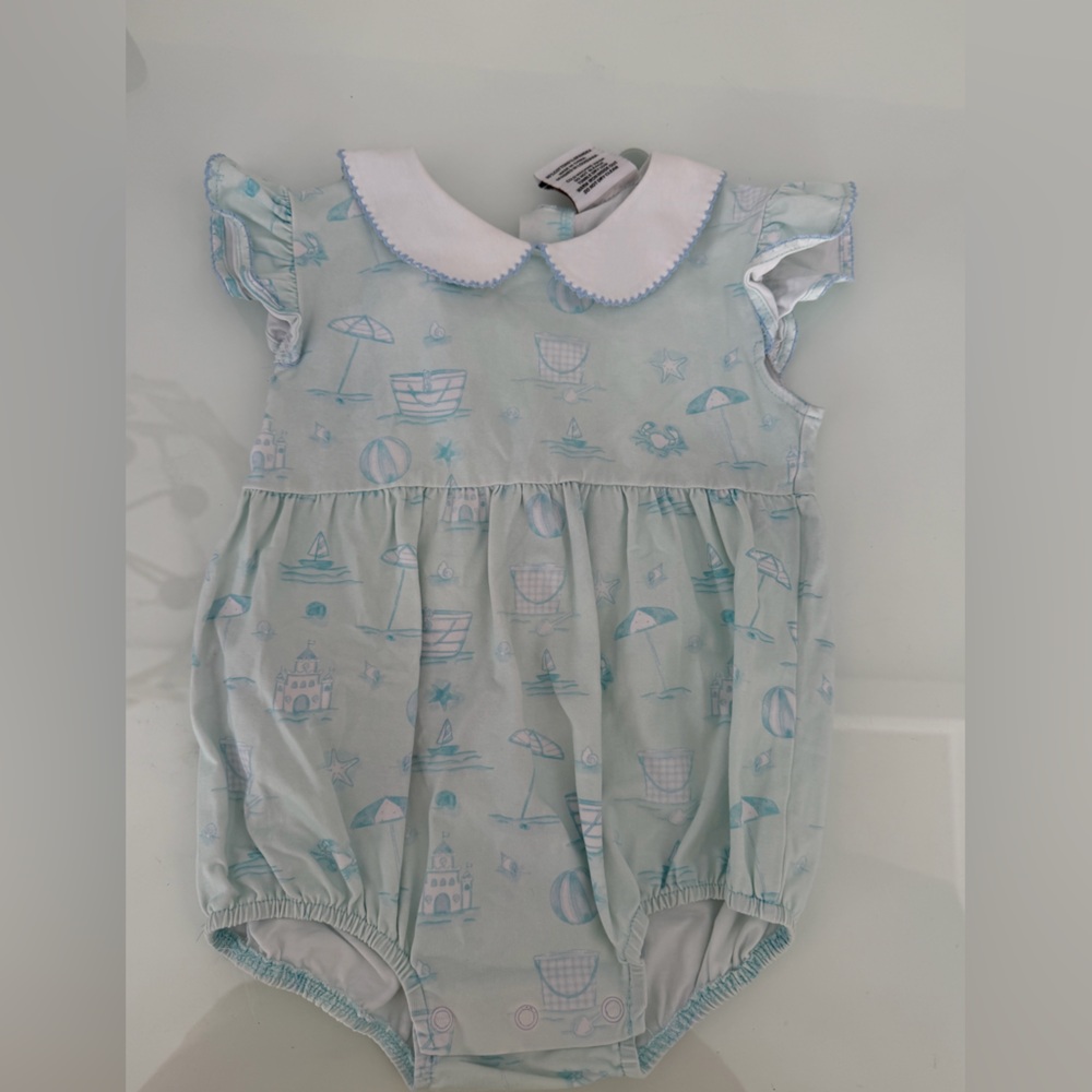 Cypress Row Light Blue Beach Print Bubble with Peter Pan Collar